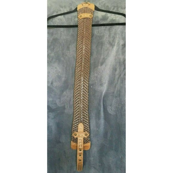 Belgo Lux Wide Dark Brown 2 Tone Leather Weave Fashion Cinch Belt Small - Picture 1 of 4